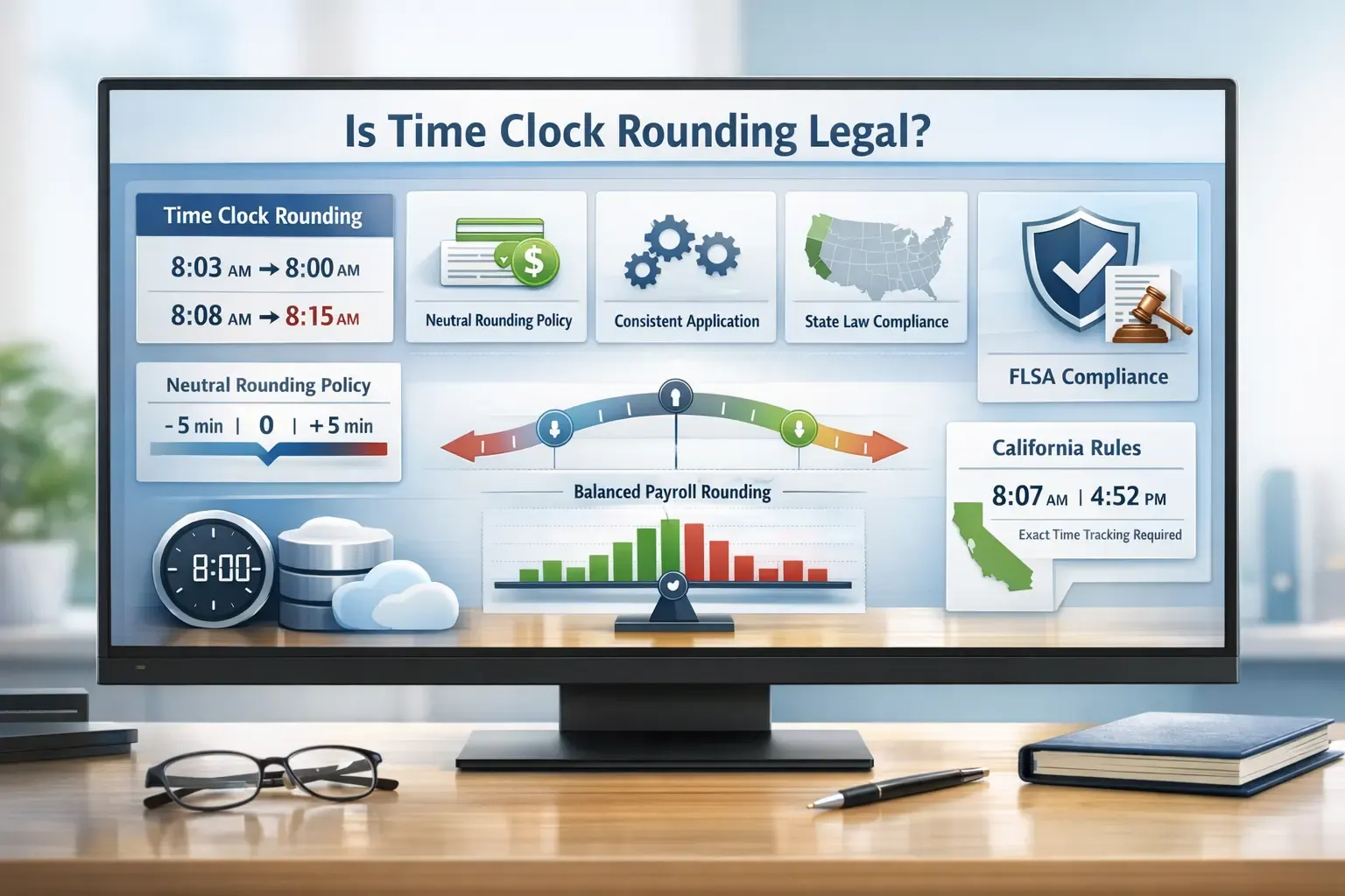 Time clock rounding dashboard showing legal compliance and payroll balance